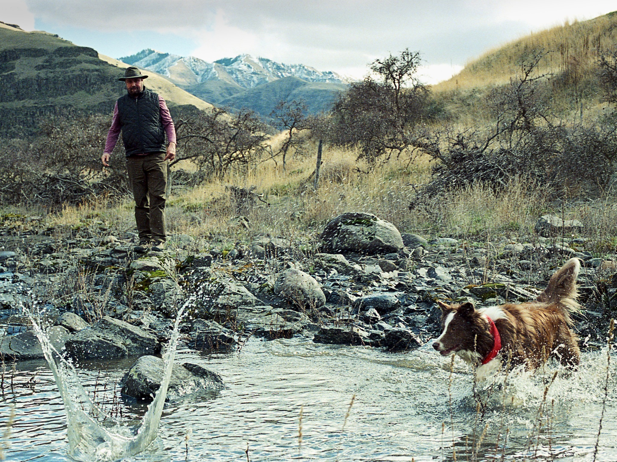 A dog splashing through a stream while a man follows across the rocks