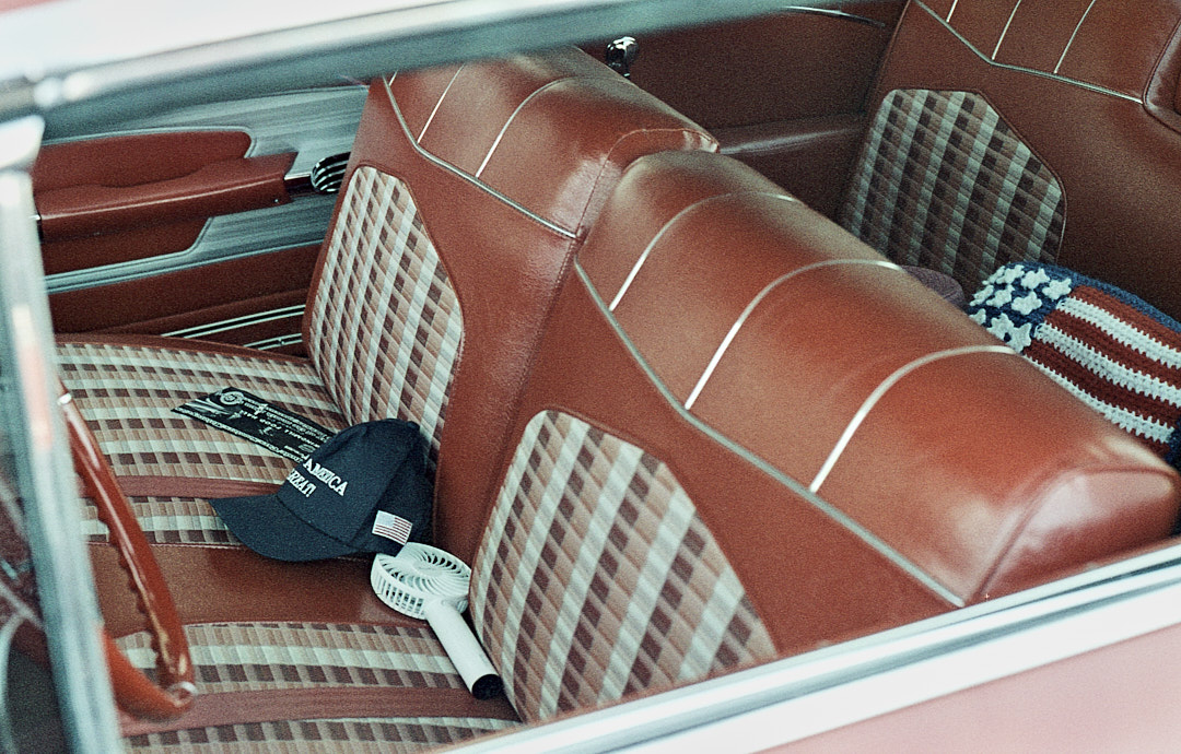 Patterned red interior of a classic car